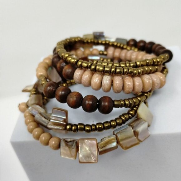 Boho Memory Wire Bracelet Wood Copper Color beads Natural Baroque Abalone - Picture 7 of 7